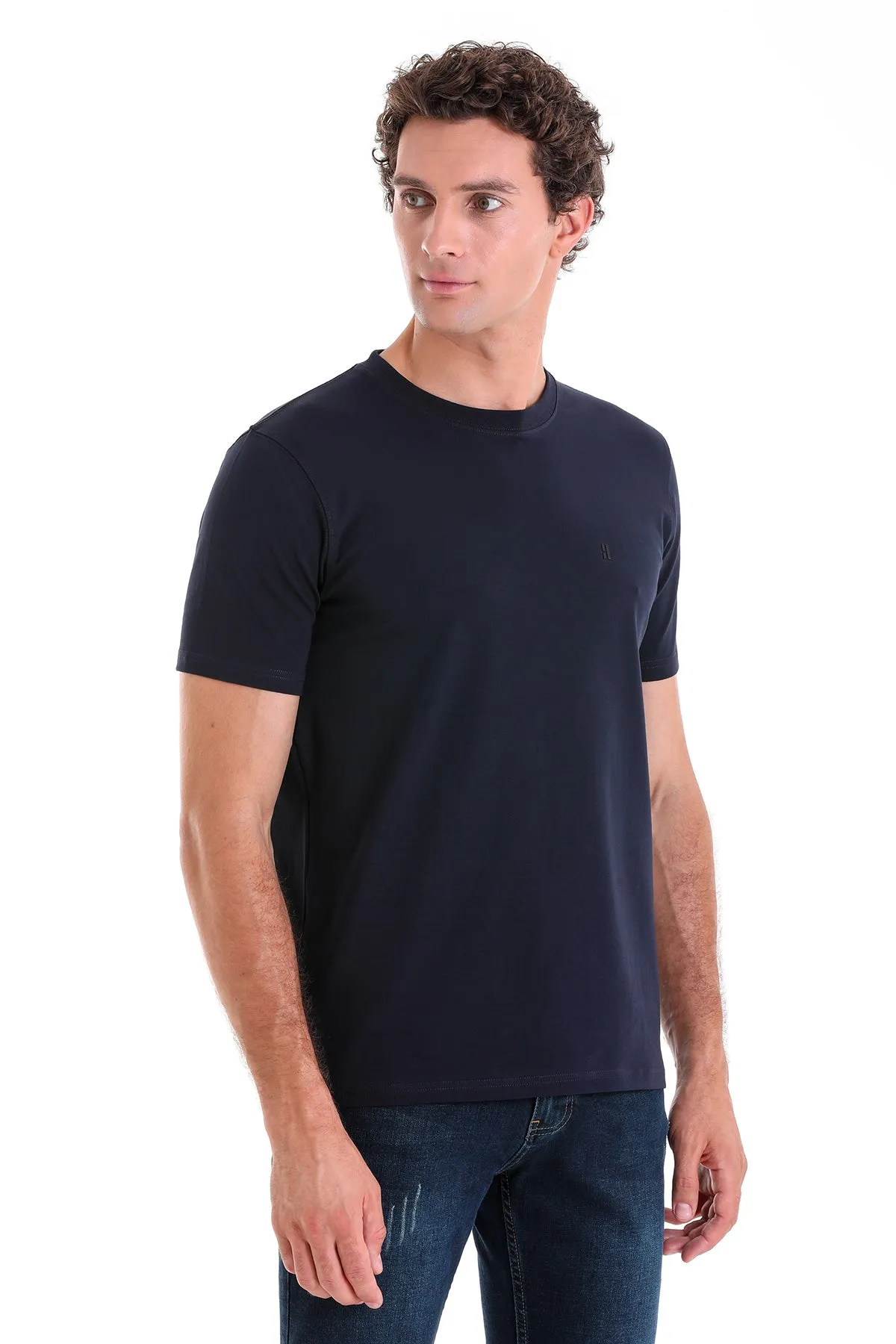 Regular Fit Cotton Blend Navy Crewneck T-Shirt