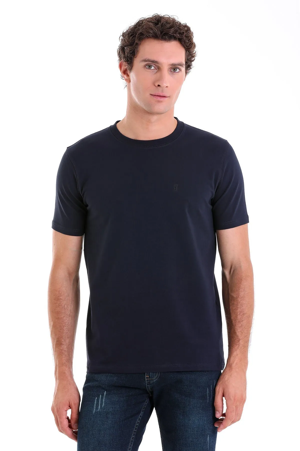 Regular Fit Cotton Blend Navy Crewneck T-Shirt