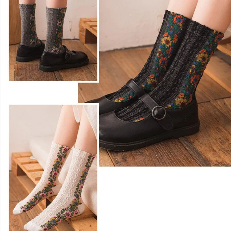 Retro socks women's tube socks ethnic style literary forest floral Japanese pile stockings stockings