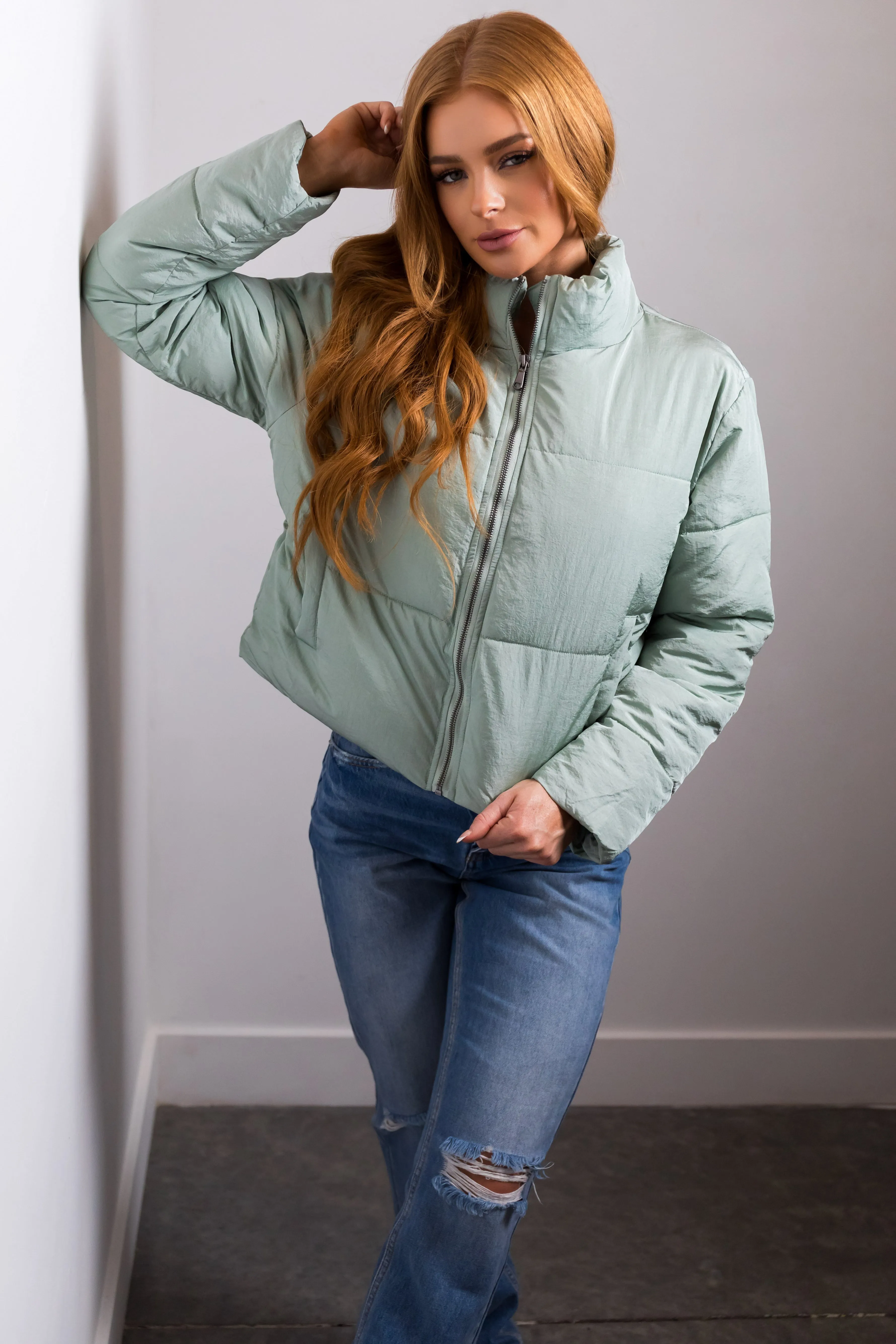 Sage Zip Up Quilted Puffer Jacket with Sheen