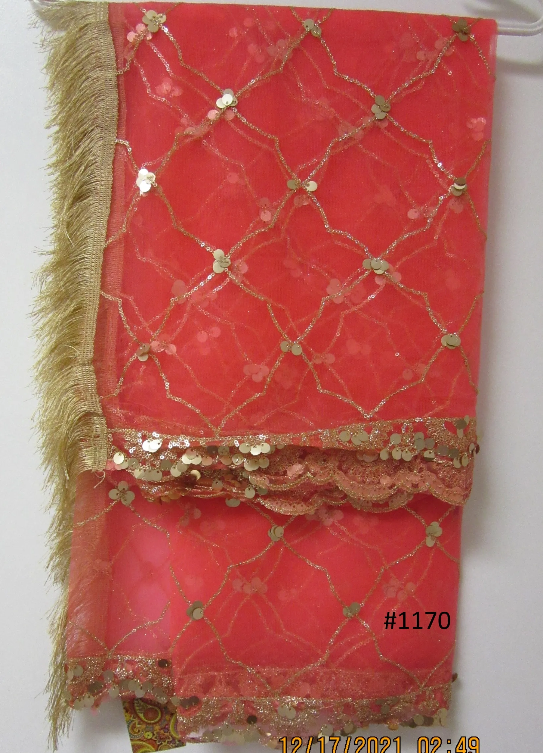 Scarf 2151170 Tarbuzi Pink Net Gold Sequins Detail Fancy Dupatta Chunni Shawl