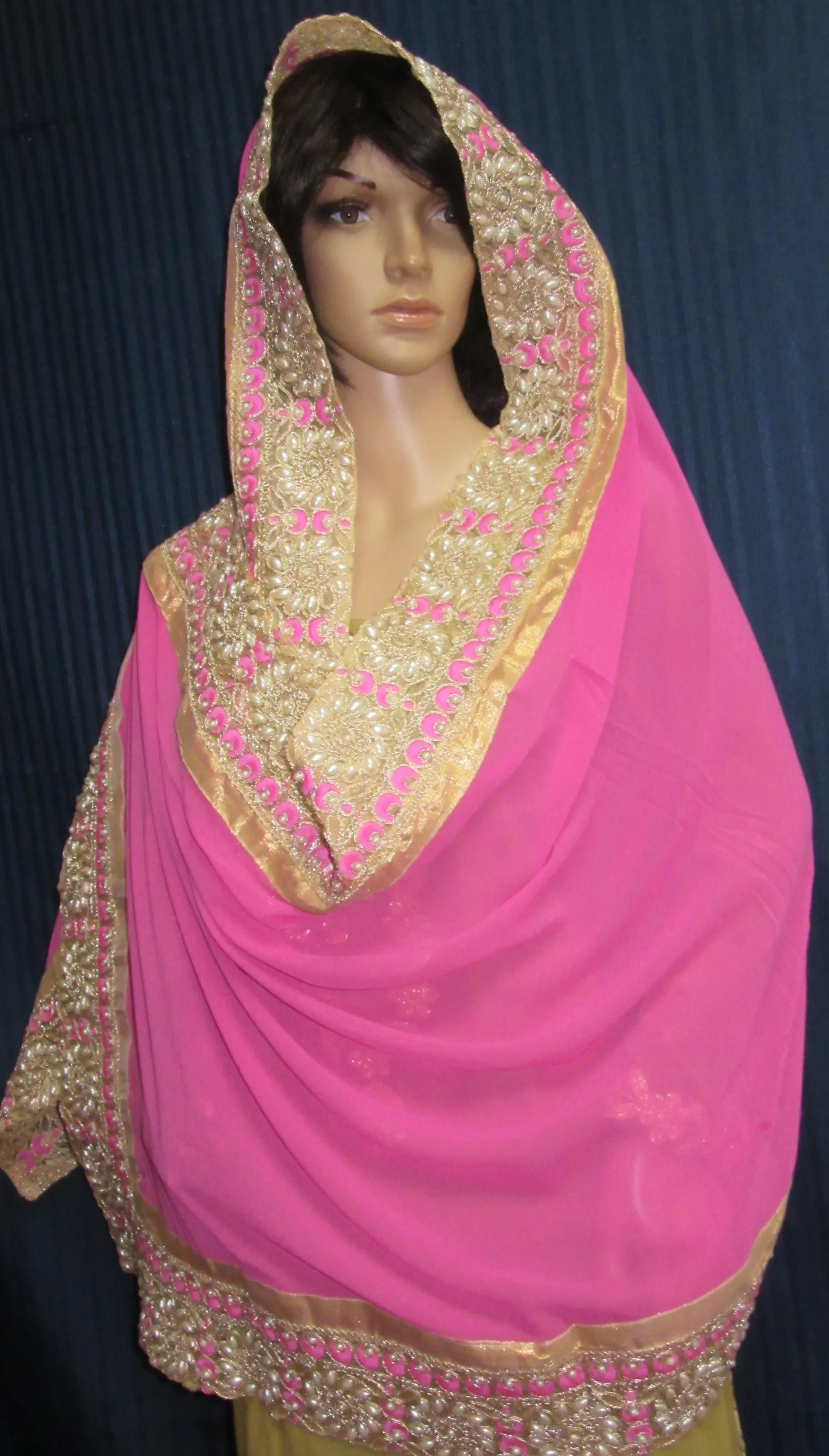 Scarf 7955 Pink Color Georgette Indian Bridal Dupatta Chunni Shieno Sarees