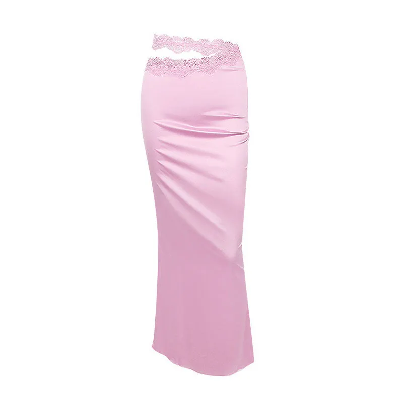 Sexy Cutout High Waist Side Zipper Satin Lace Trim Maxi Skirt - Pink