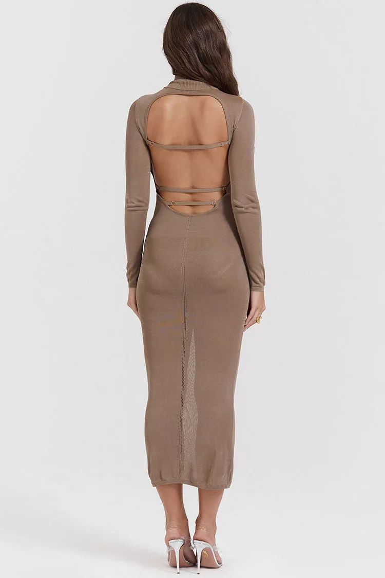 Sexy High Neck Long Sleeve Cutout Back Fit Semi Sheer Sweater Midi Dress - Khaki