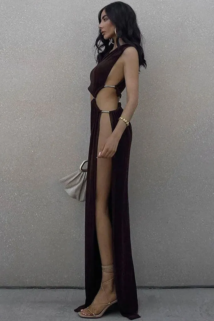 Sexy One Shoulder Cutout High Slit Sheer Maxi Dress - Brown