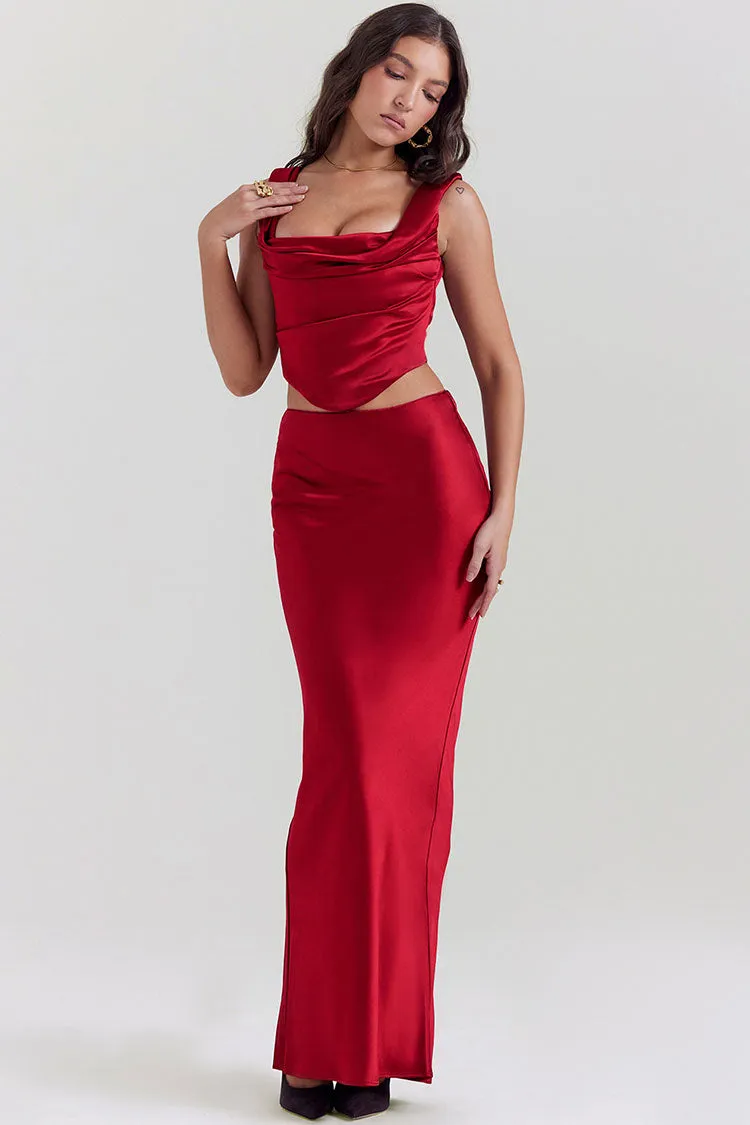 Sexy Silky Satin Lace Up Backless Crop Corset Maxi Skirt Two Piece Dress - Red