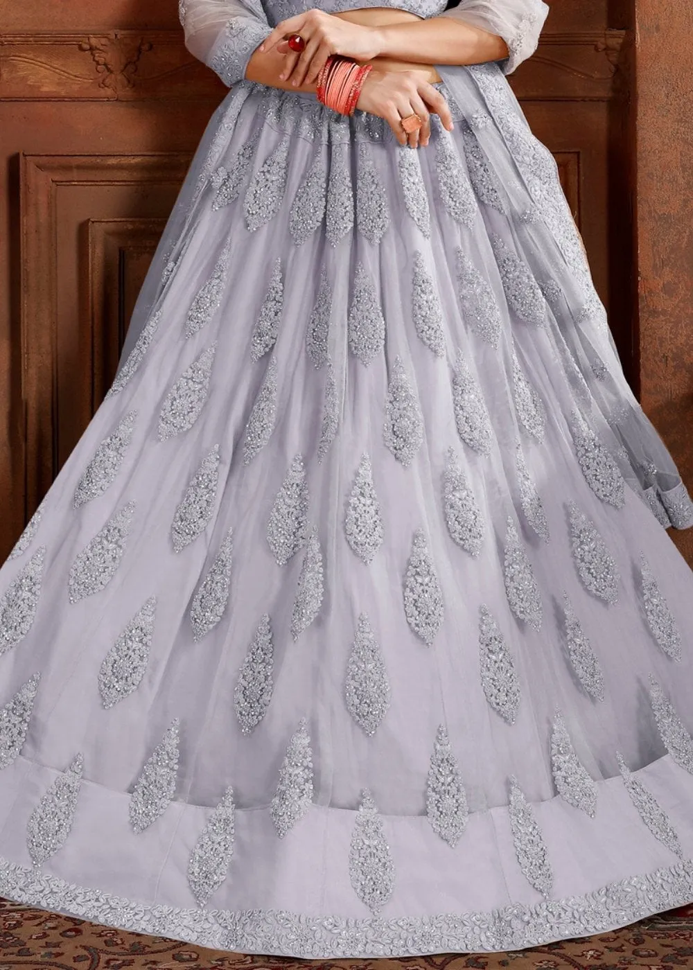 Silver Grey Soft Net Lehenga Choli with Thread, Zarkan & Pearl work