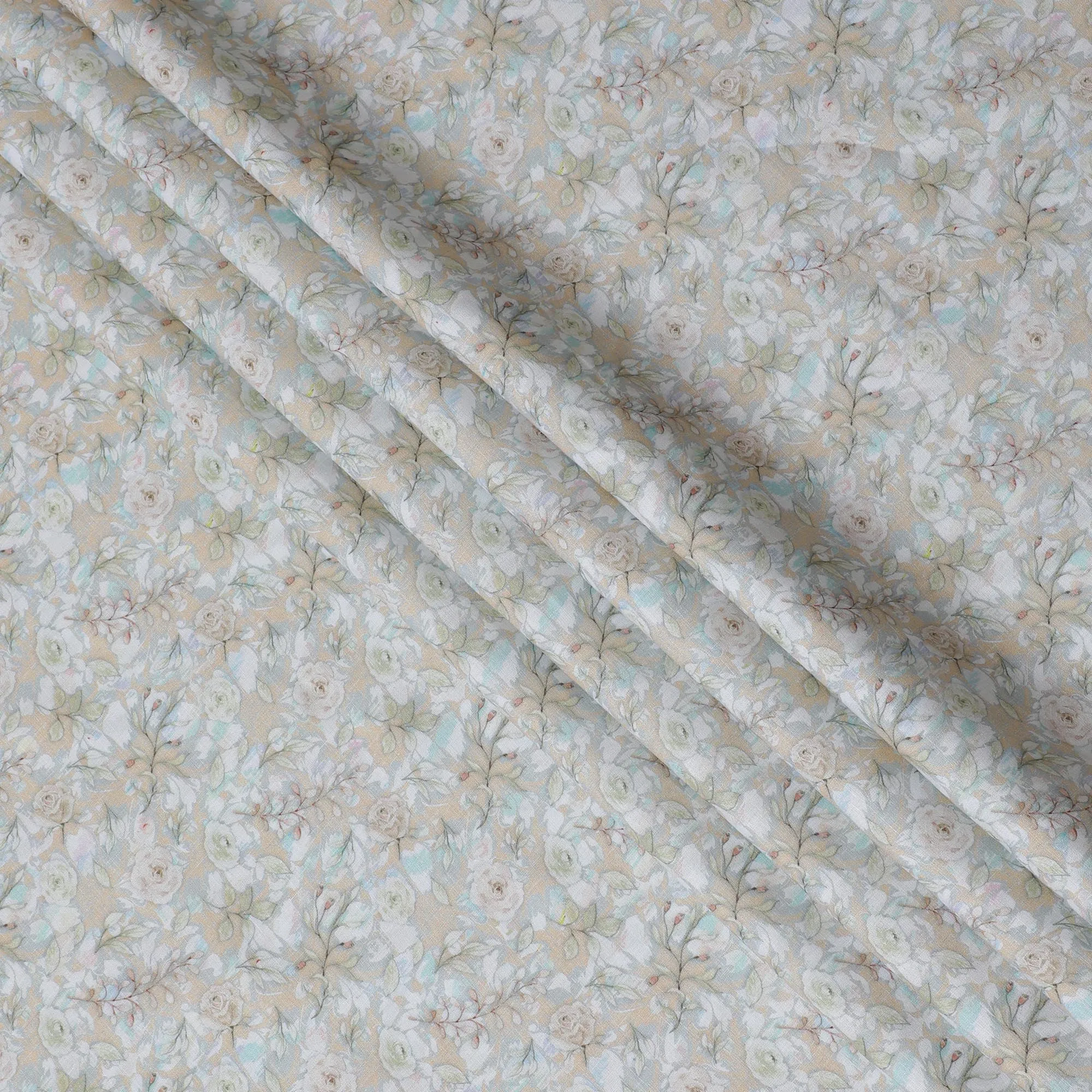 Soft Beige with Pastel Floral Print Pure Linen Fabric - 150 cm Width-D20004