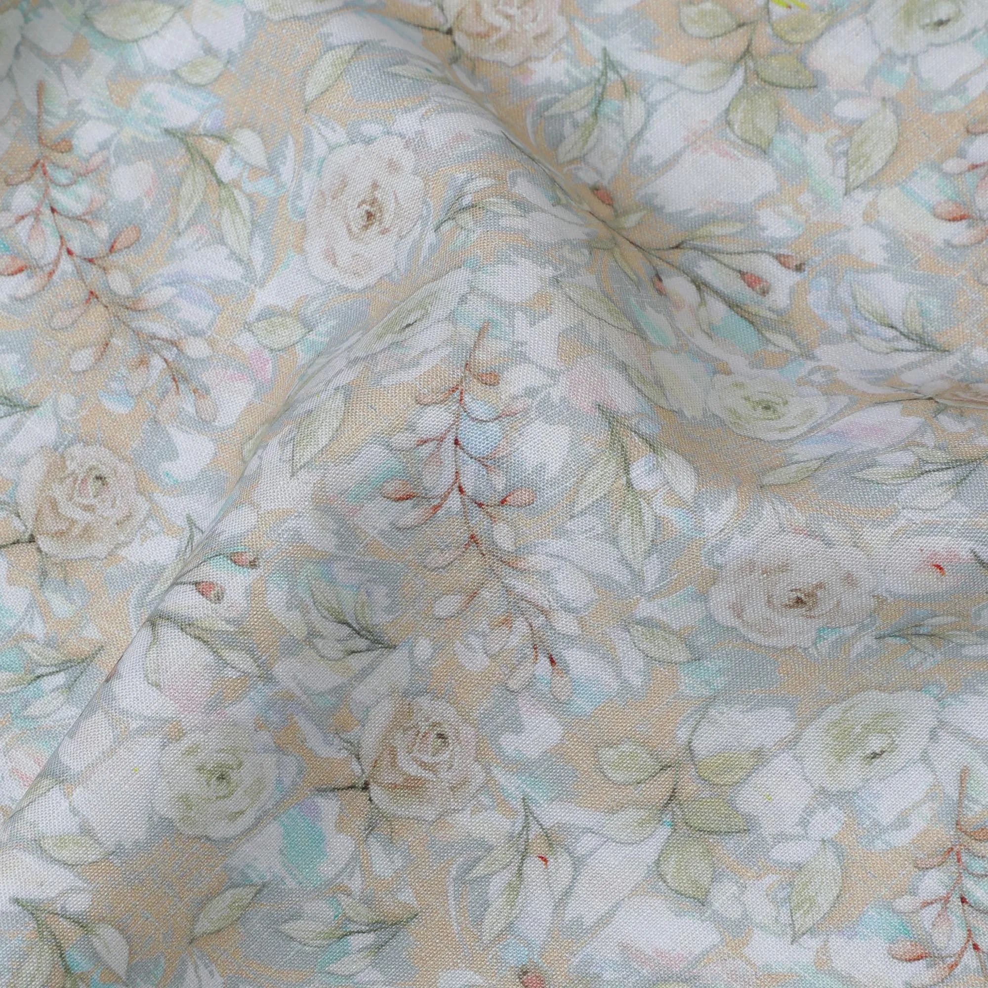 Soft Beige with Pastel Floral Print Pure Linen Fabric - 150 cm Width-D20004