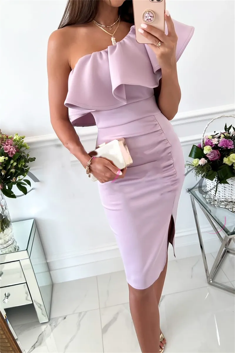 Solid Flounce One Shoulder Pencil Skirt Dresses