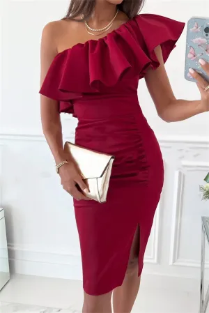 Solid Flounce One Shoulder Pencil Skirt Dresses