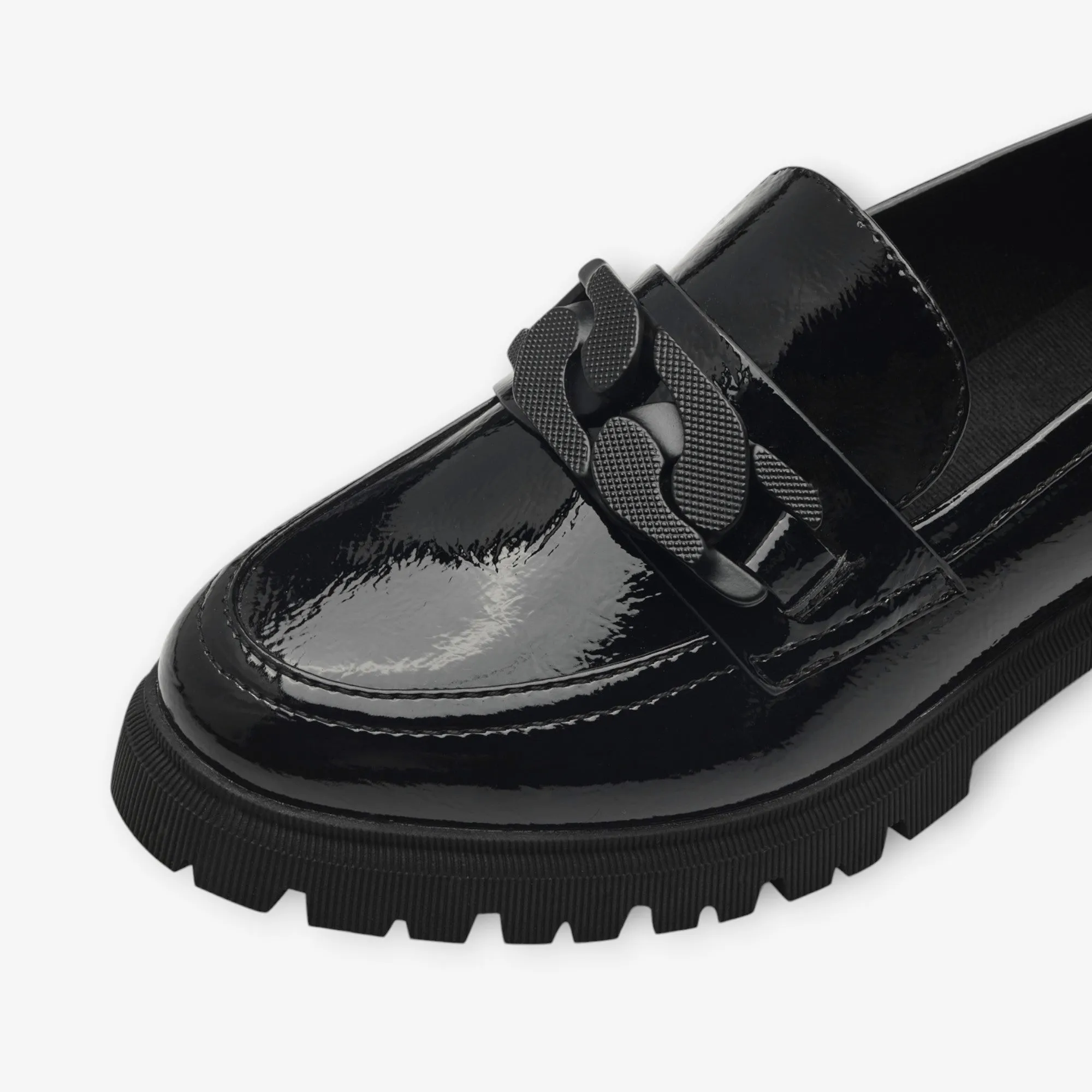 S.Oliver Black Patent Chunky Loafers with Chain Detail