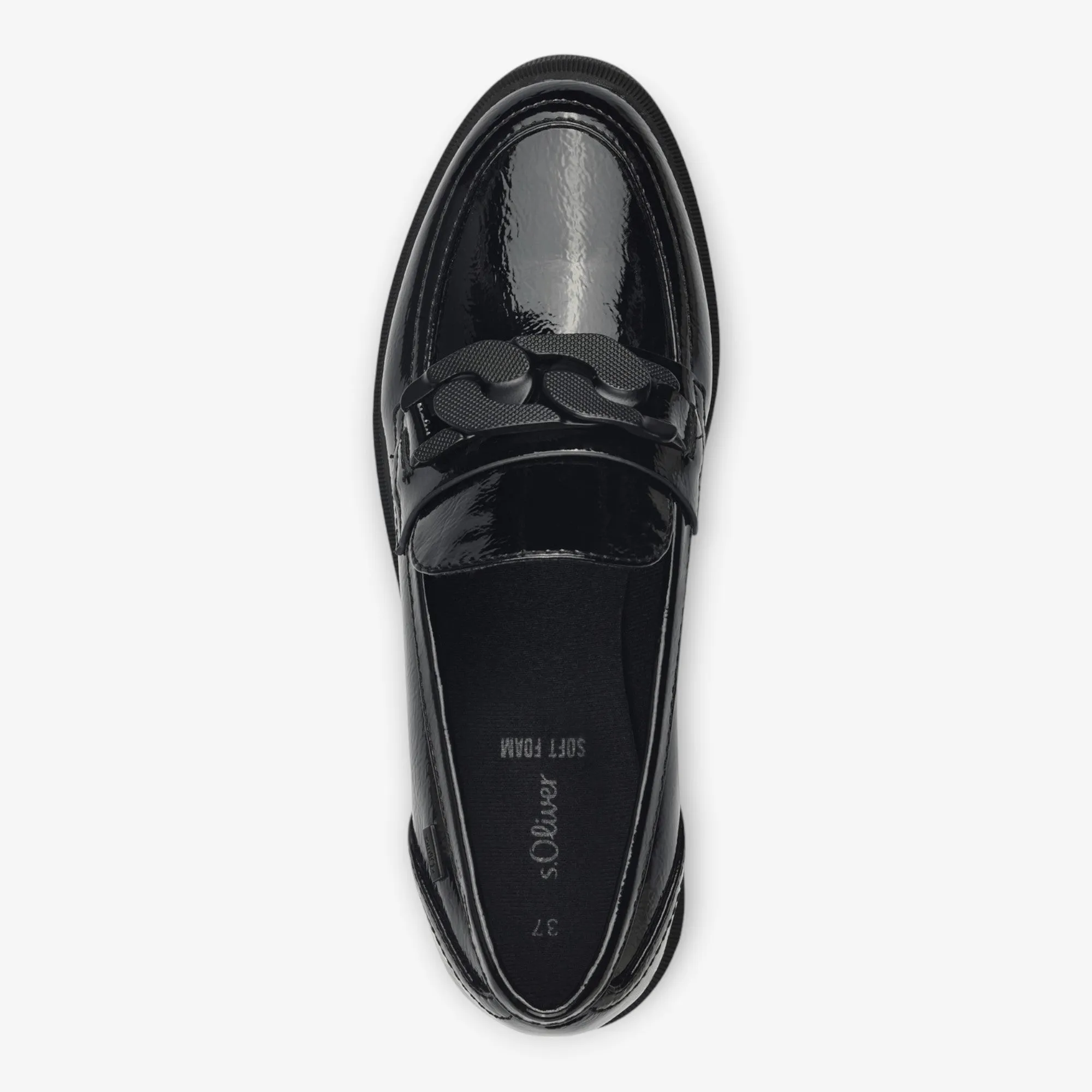 S.Oliver Black Patent Chunky Loafers with Chain Detail