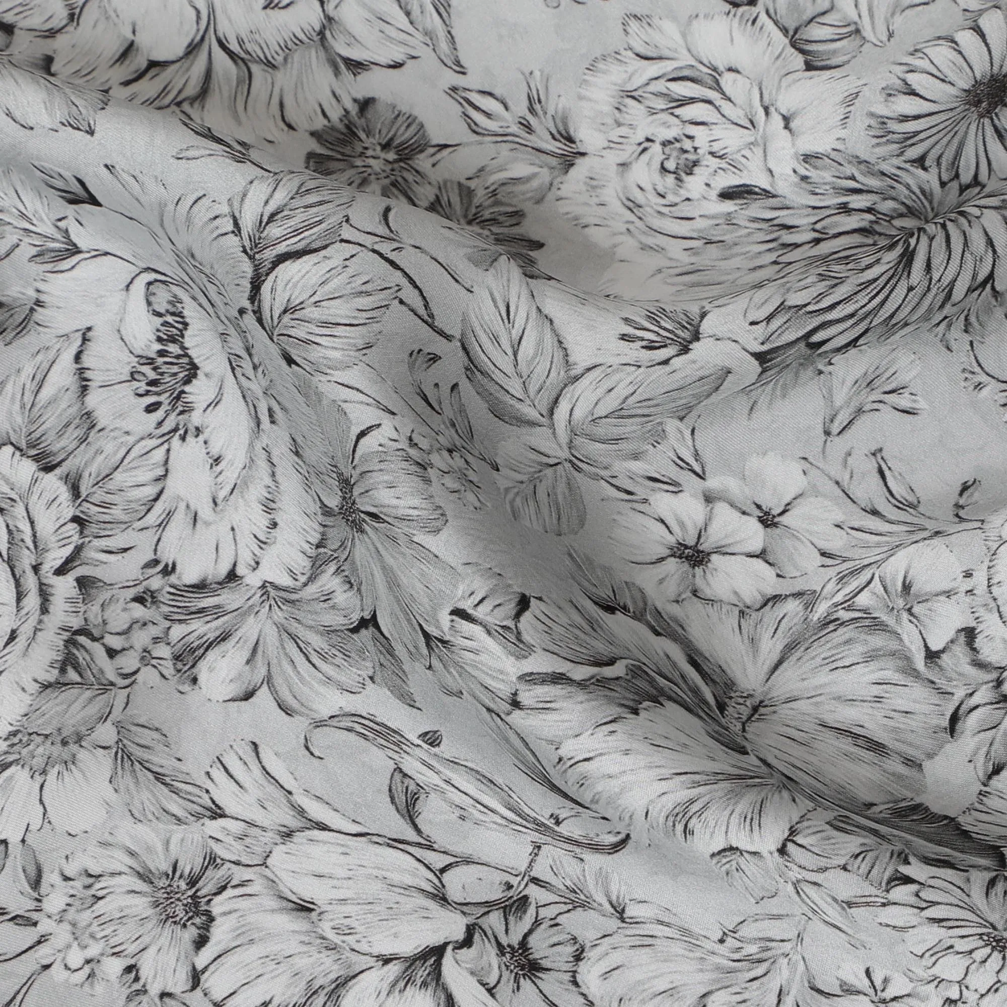 Sophisticated Monochrome Floral Modal Satin Fabric - 110 cm Width, Soft and Luxurious Material from India-D19219