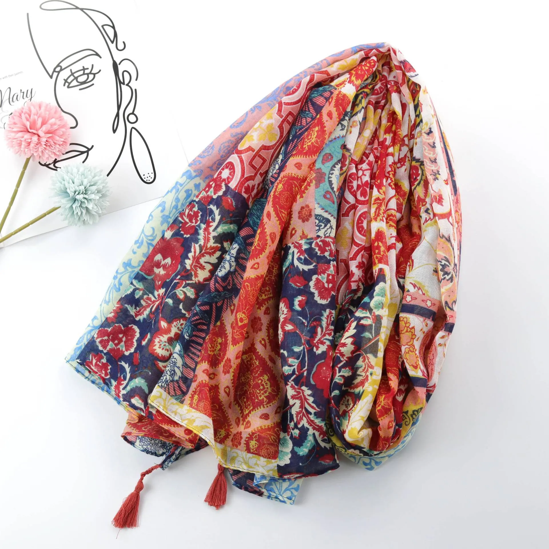 Spring and summer ethnic print encrypted Bali yarn cotton soft yarn towel ladies travel sunscreen towel