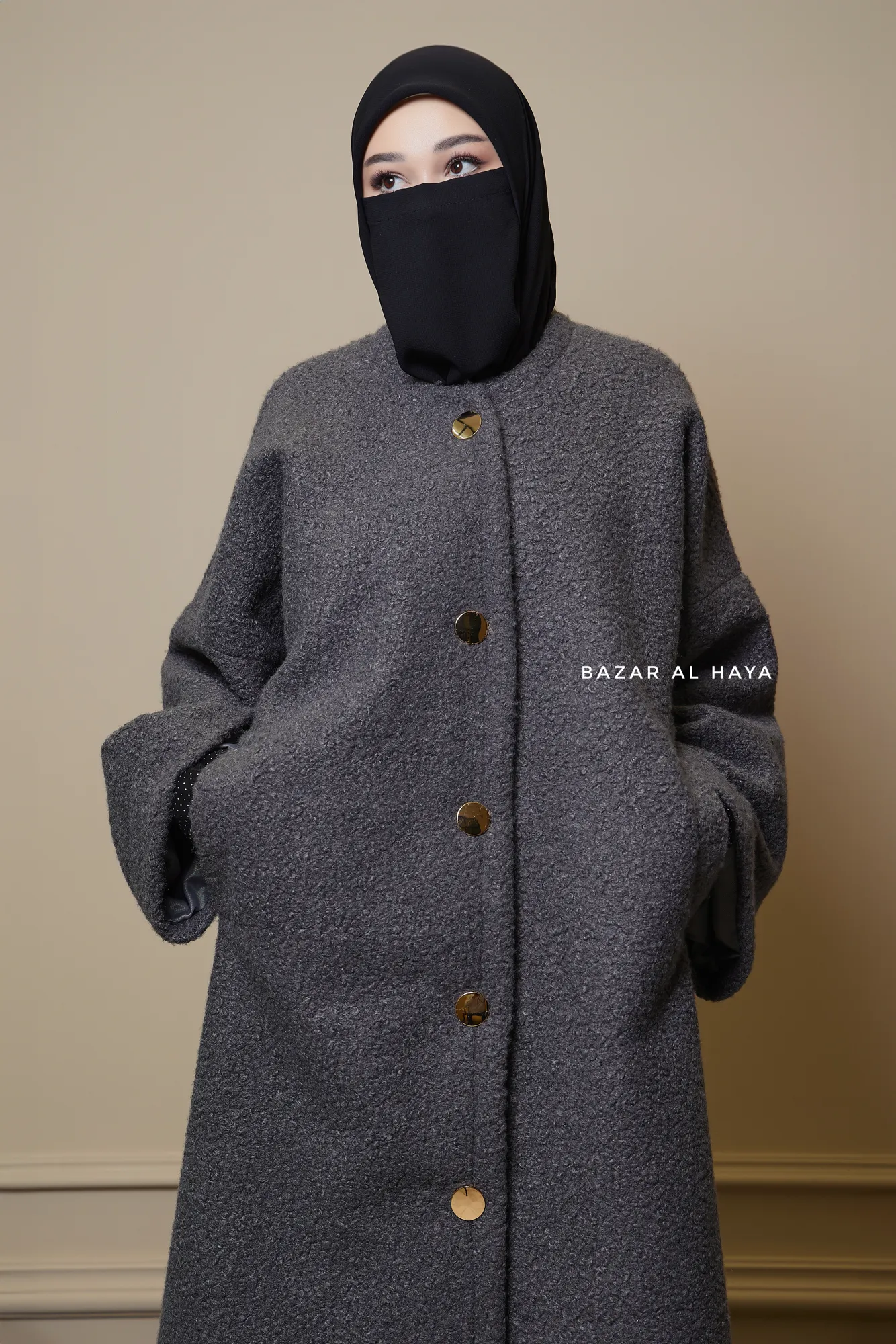 Steel Grey Damla Loose Warm Coat - Premium Teddy Wool