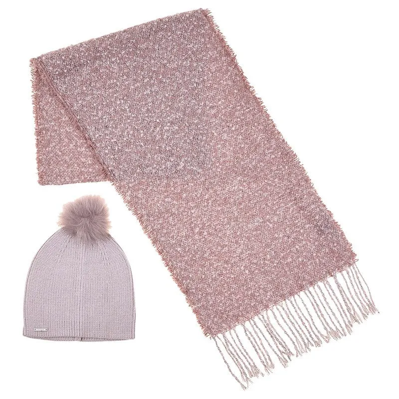 TAHARI Women's Boucle Fringe Trim Scarf and Hat Set