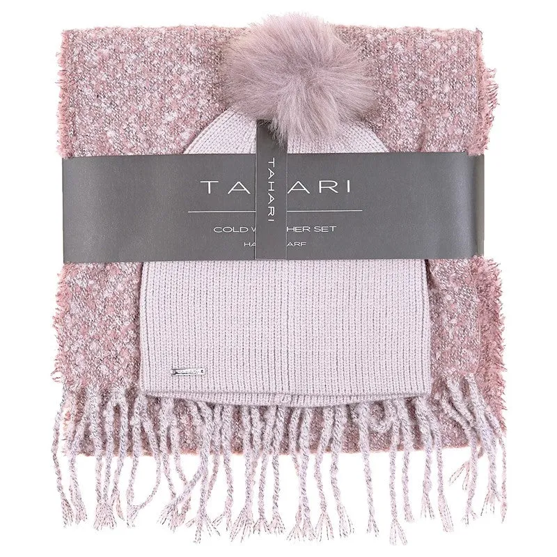 TAHARI Women's Boucle Fringe Trim Scarf and Hat Set