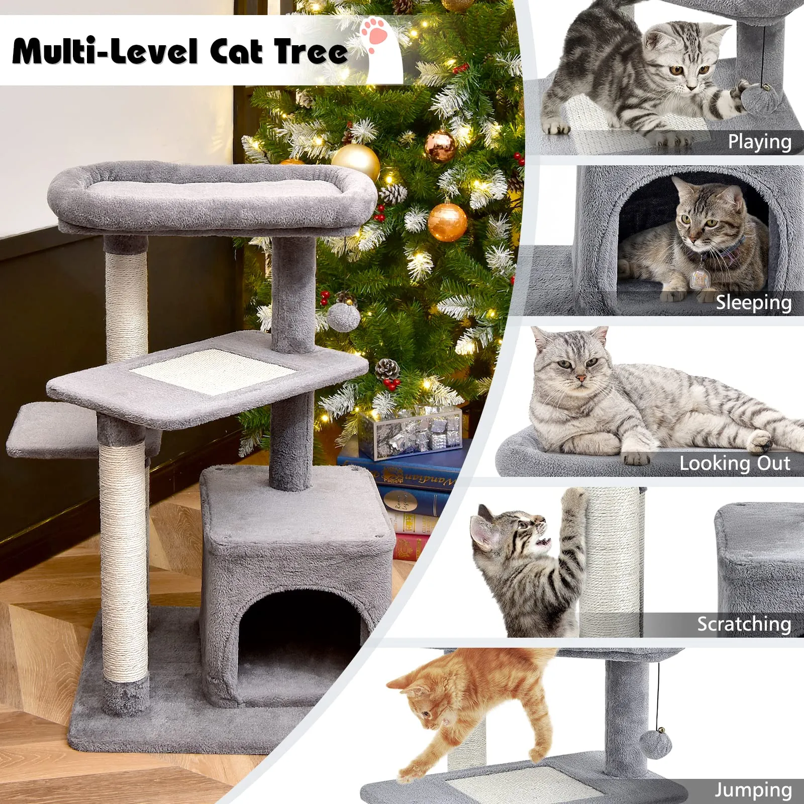 Tangkula Cat Tree for Indoor Cats, 33.5 inch Multi-Level Cat Tower W/Scratching Posts