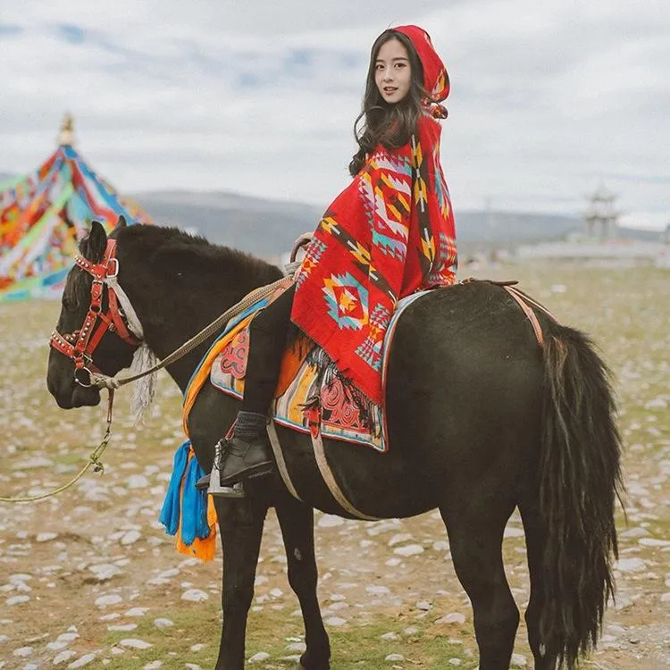 Tibetan Nepalese National Cloak Shawl Thick Hooded bohemian Scarf