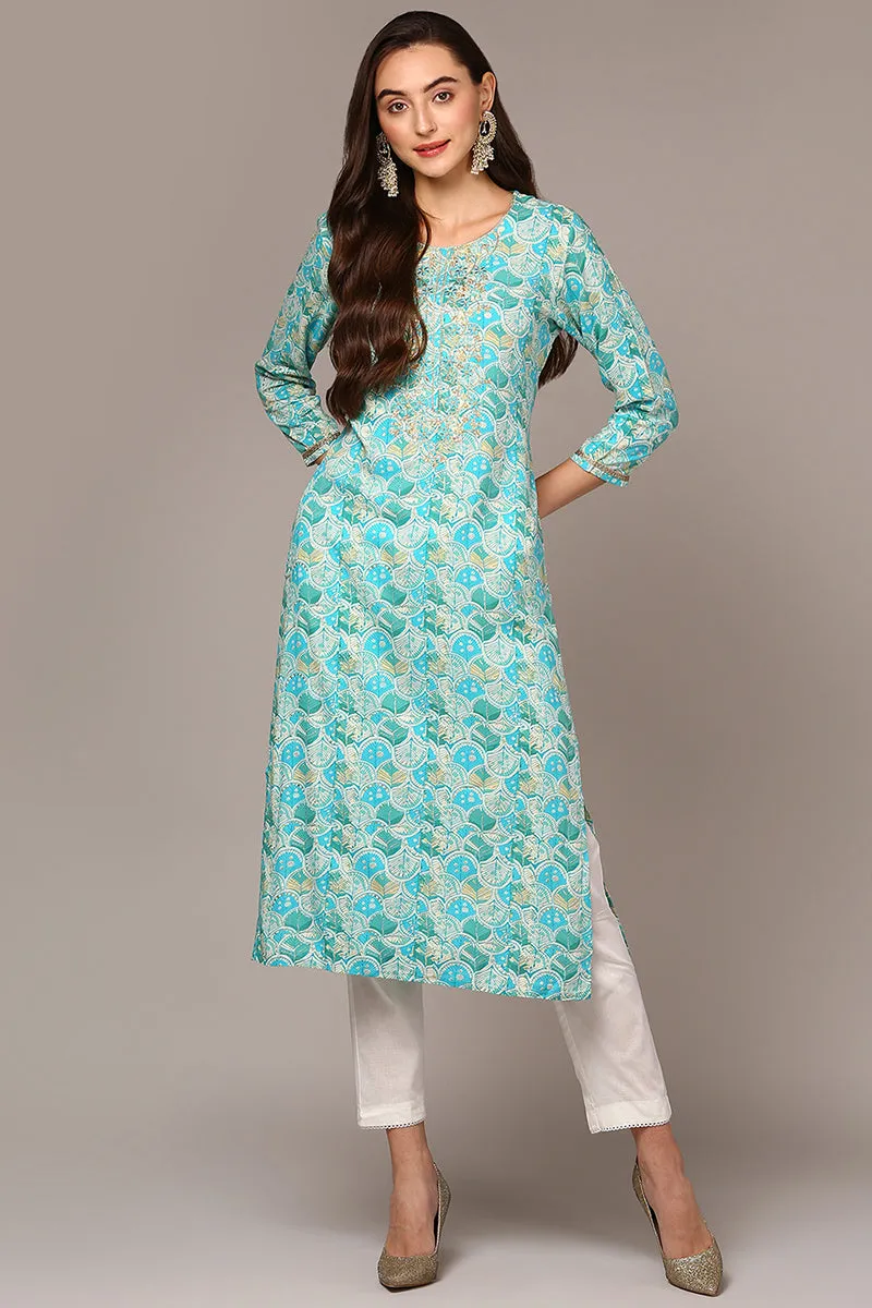 Turquoise Blue Viscose Rayon Ethnic Motifs Straight Kurta