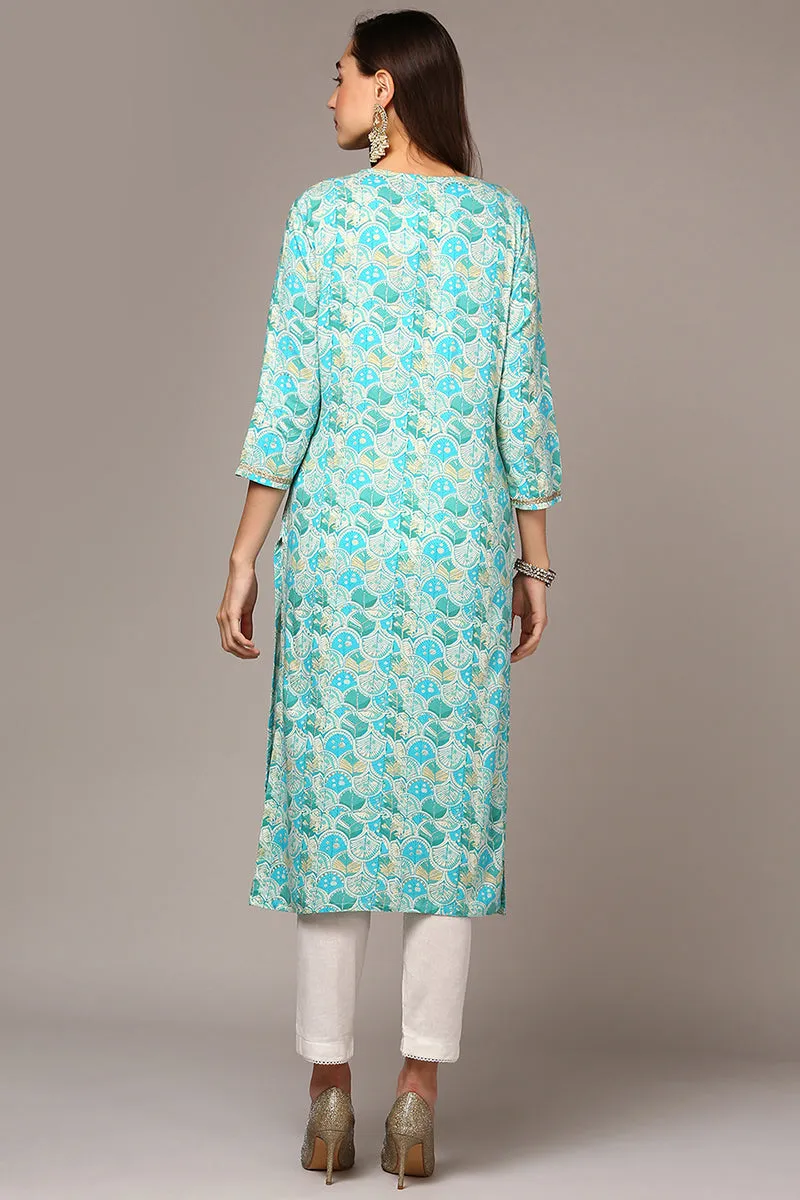 Turquoise Blue Viscose Rayon Ethnic Motifs Straight Kurta