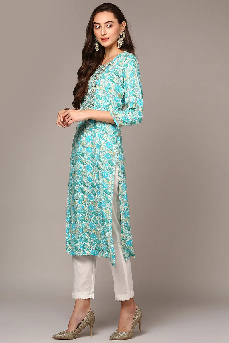 Turquoise Blue Viscose Rayon Ethnic Motifs Straight Kurta