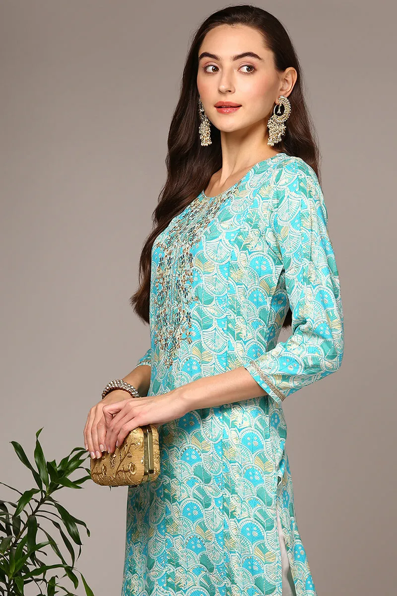 Turquoise Blue Viscose Rayon Ethnic Motifs Straight Kurta