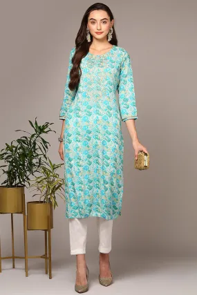 Turquoise Blue Viscose Rayon Ethnic Motifs Straight Kurta