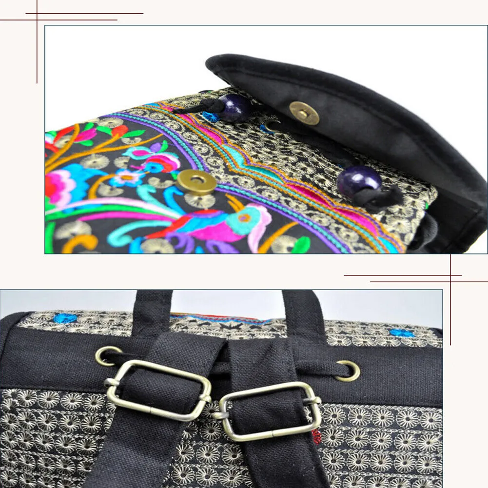 US 1-2 Pcs Vintage Embroidered Women Backpack Shoulder Rucksack Small Travel Bag