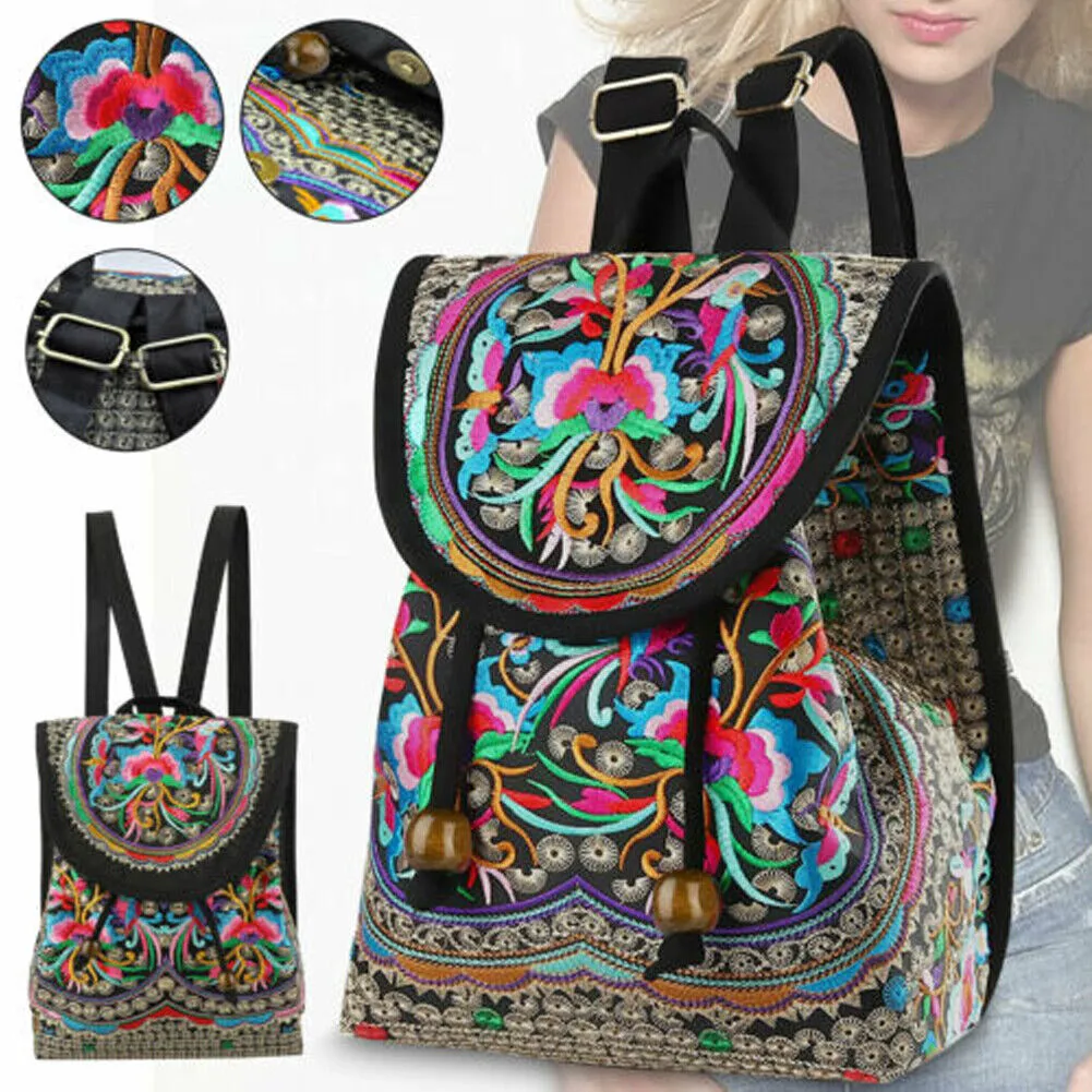 US 1-2 Pcs Vintage Embroidered Women Backpack Shoulder Rucksack Small Travel Bag