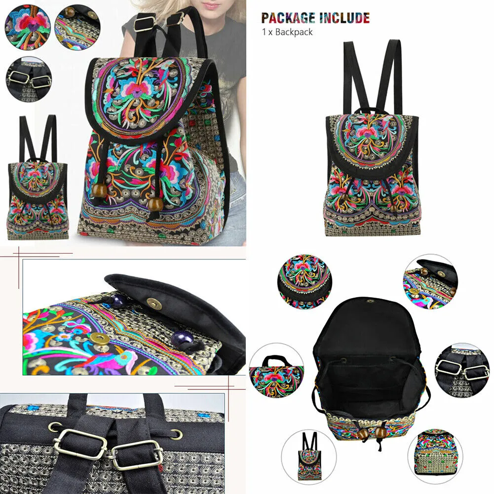 US 1-2 Pcs Vintage Embroidered Women Backpack Shoulder Rucksack Small Travel Bag