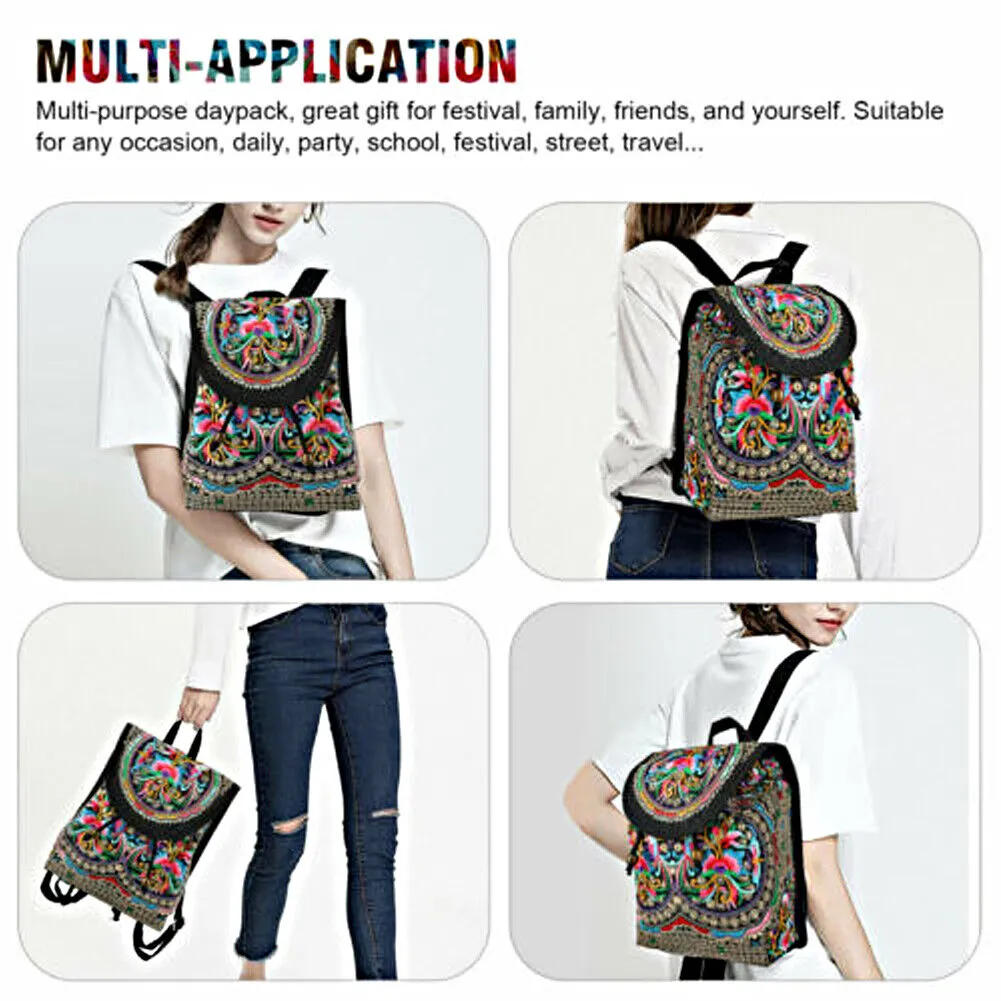 US 1-2 Pcs Vintage Embroidered Women Backpack Shoulder Rucksack Small Travel Bag