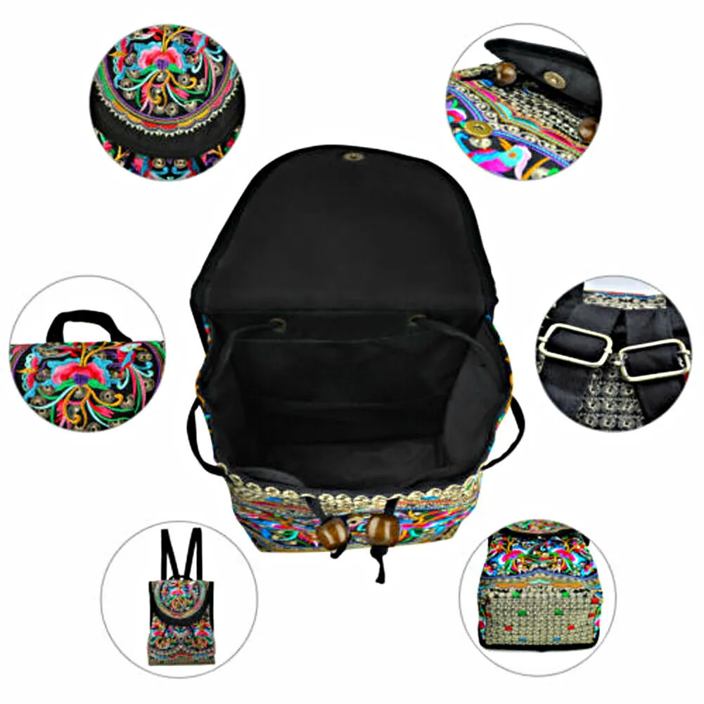 US 1-2 Pcs Vintage Embroidered Women Backpack Shoulder Rucksack Small Travel Bag