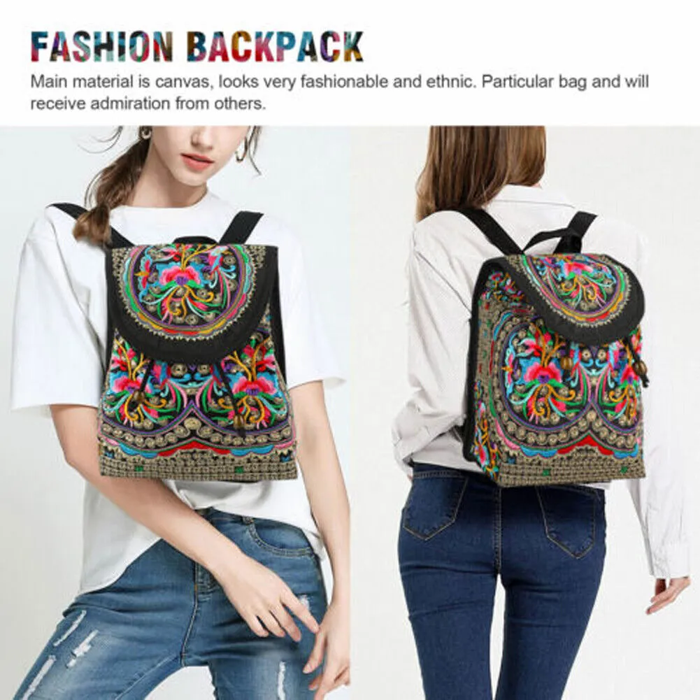 US 1-2 Pcs Vintage Embroidered Women Backpack Shoulder Rucksack Small Travel Bag