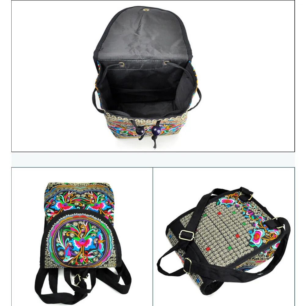 US 1-2 Pcs Vintage Embroidered Women Backpack Shoulder Rucksack Small Travel Bag