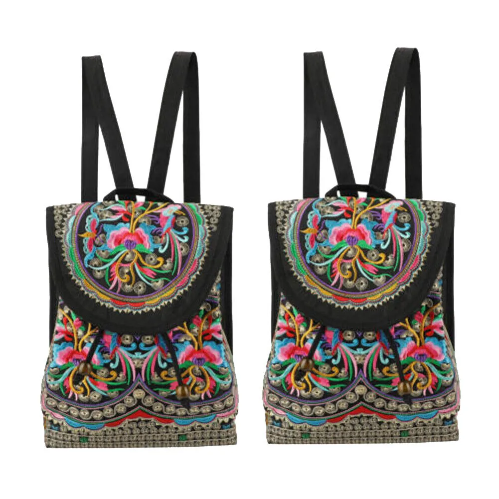 US 1-2 Pcs Vintage Embroidered Women Backpack Shoulder Rucksack Small Travel Bag