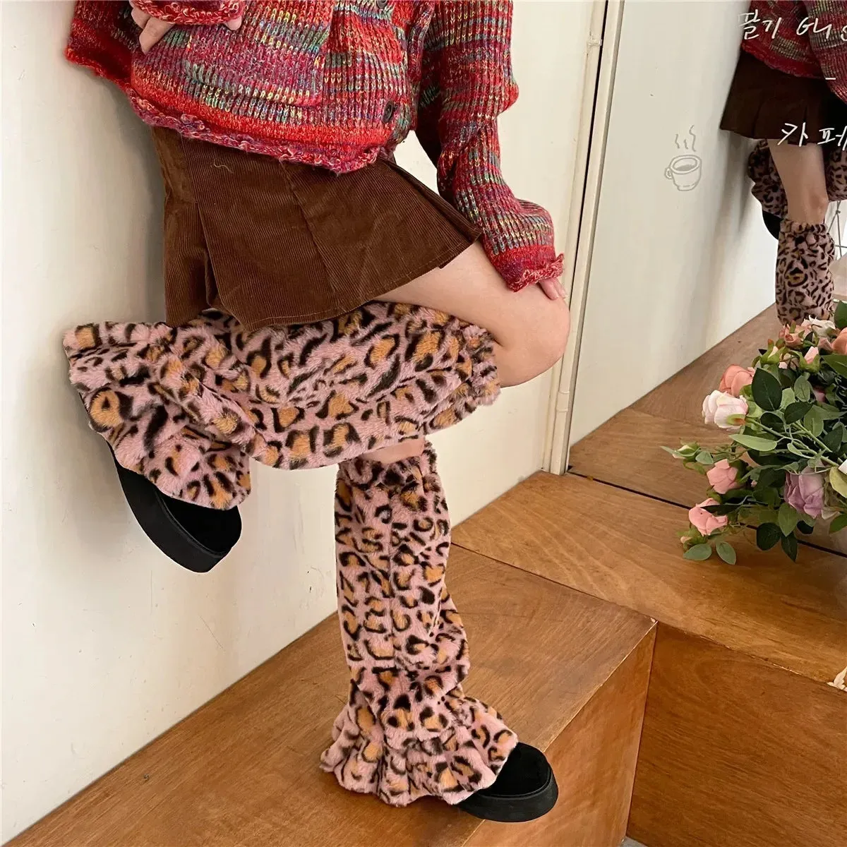 Vevesc PINK Leopard Fur Leg Warmers Warm Thickening Plush Leg Socks Cover Y2K Winter Leggings Calf Socks Japanese JK Lolita Boot Cuffs