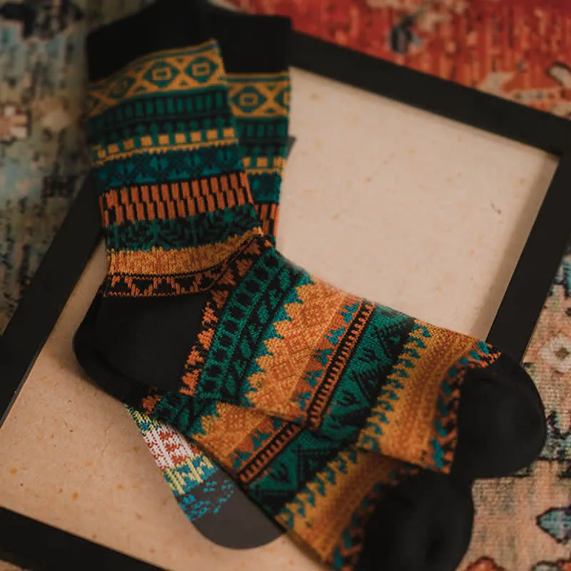 Vibrant Color Ethnic Style Retro Cotton Crew Socks