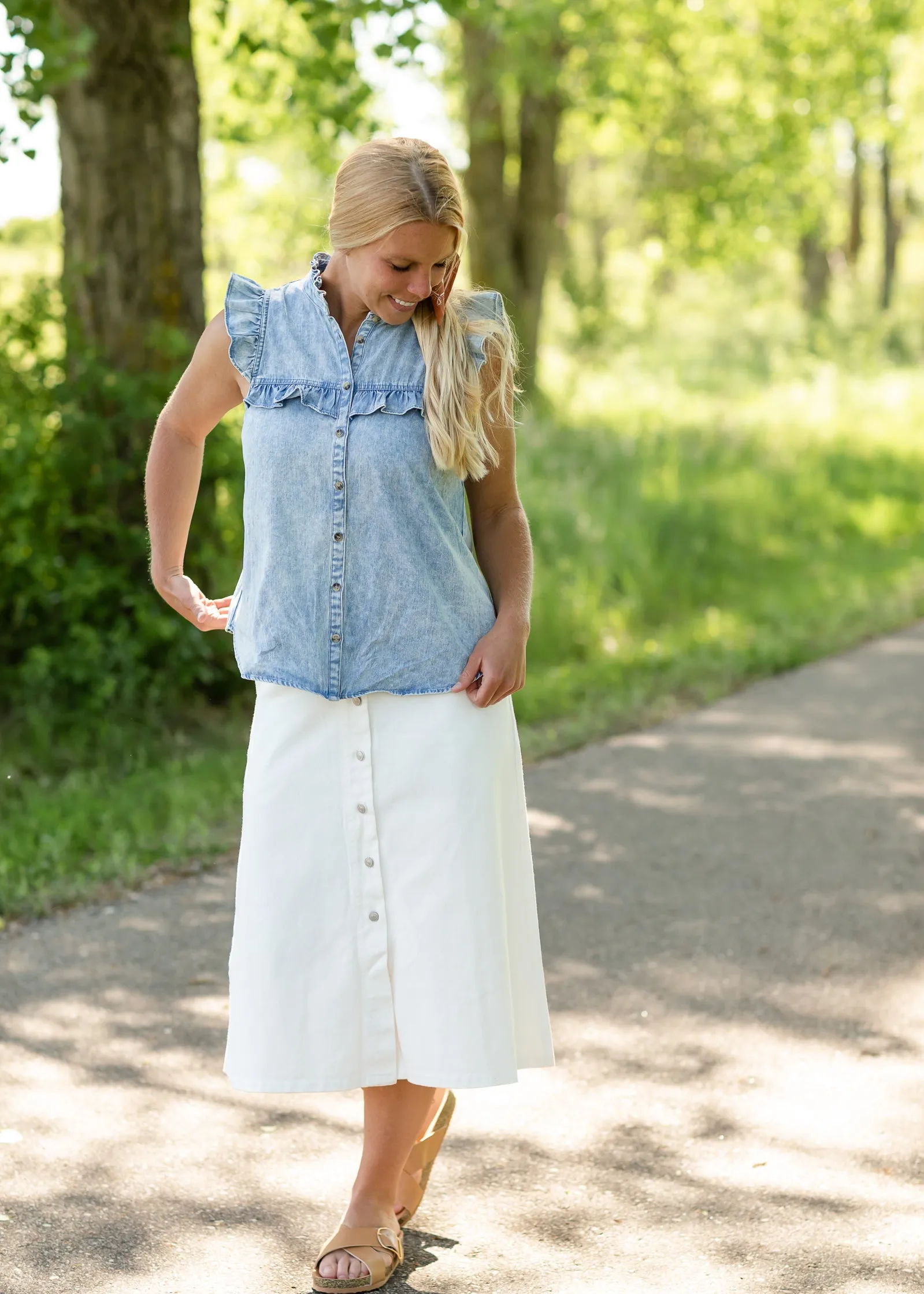 White Cotton Twill Button Midi Skirt - FINAL SALE