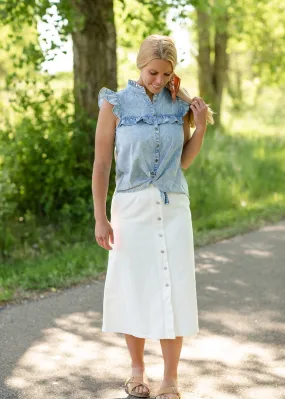 White Cotton Twill Button Midi Skirt - FINAL SALE