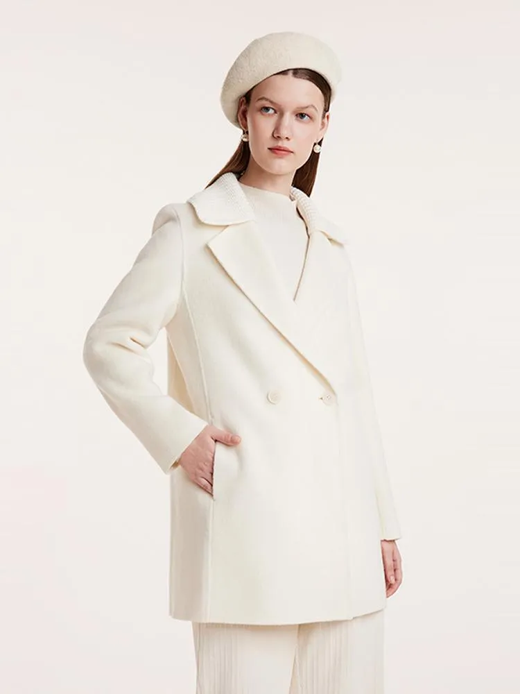 White Mid-Length Double-Faced Wool Coat With Detachable Collar