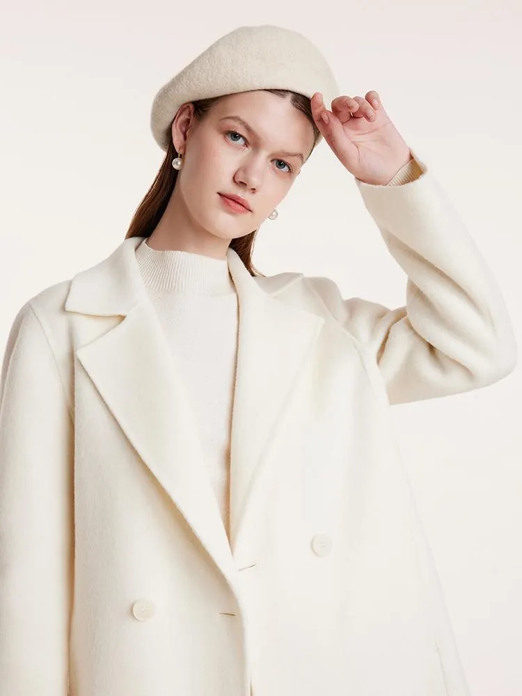 White Mid-Length Double-Faced Wool Coat With Detachable Collar