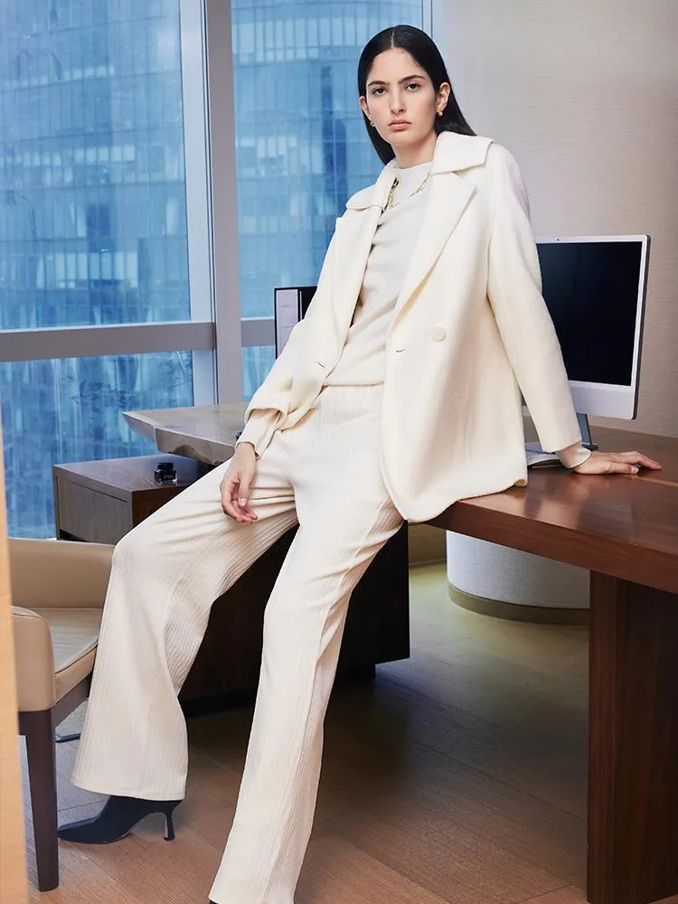 White Mid-Length Double-Faced Wool Coat With Detachable Collar