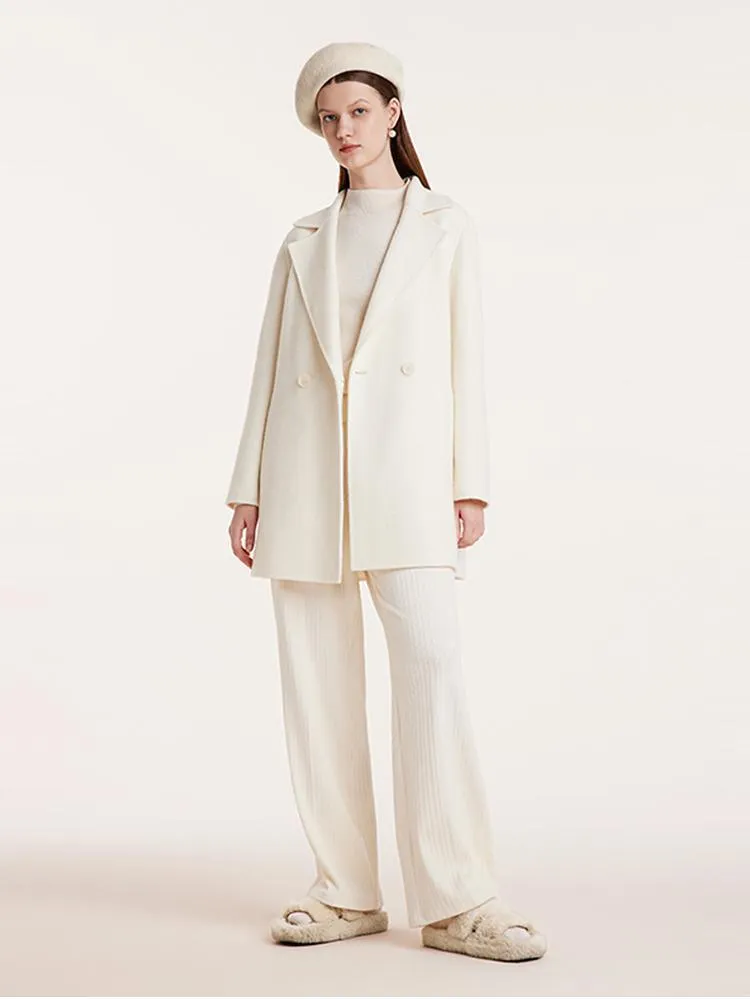 White Mid-Length Double-Faced Wool Coat With Detachable Collar