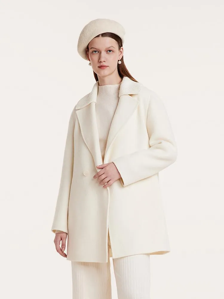 White Mid-Length Double-Faced Wool Coat With Detachable Collar