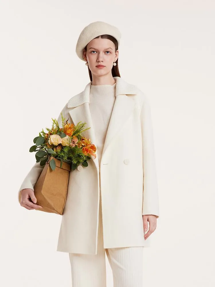 White Mid-Length Double-Faced Wool Coat With Detachable Collar