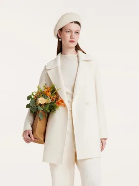 White Mid-Length Double-Faced Wool Coat With Detachable Collar