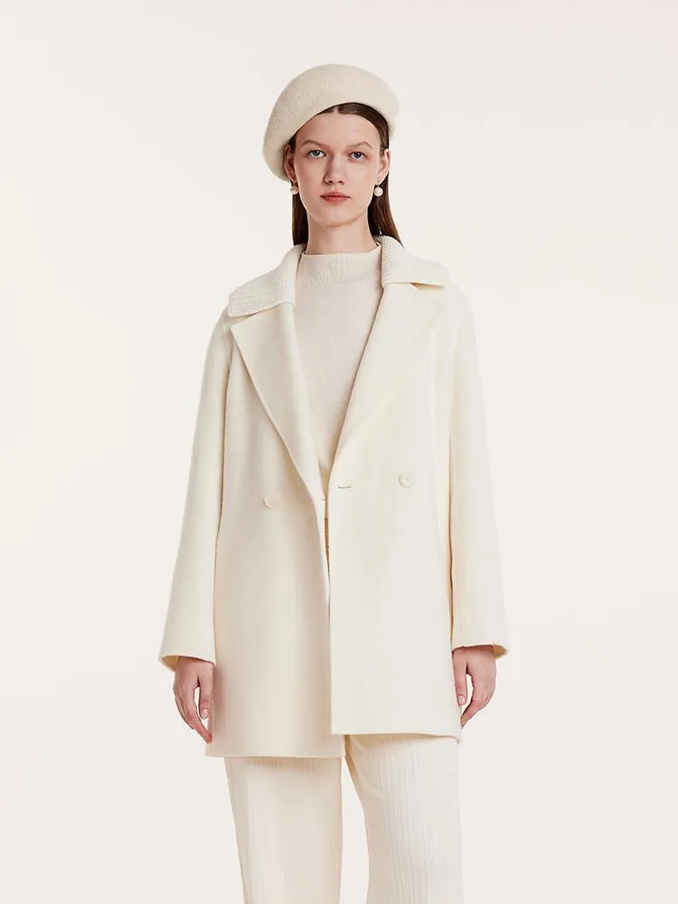 White Mid-Length Double-Faced Wool Coat With Detachable Collar