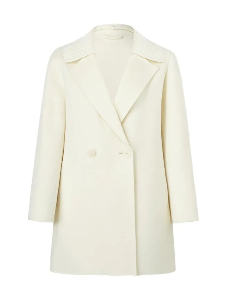 White Mid-Length Double-Faced Wool Coat With Detachable Collar